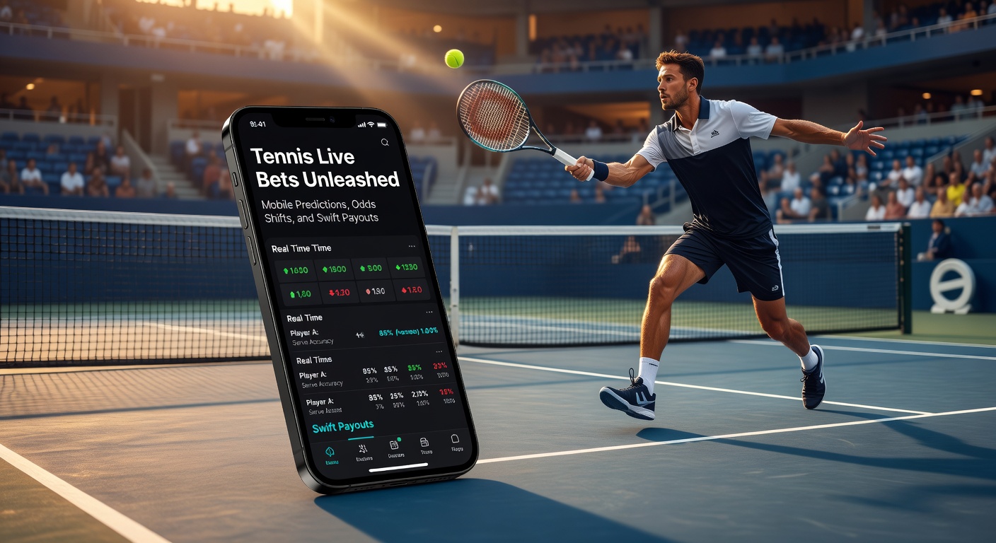 Tennisspieler in action während eines Live-Matches mit mobiler Wett-App im Vordergrund